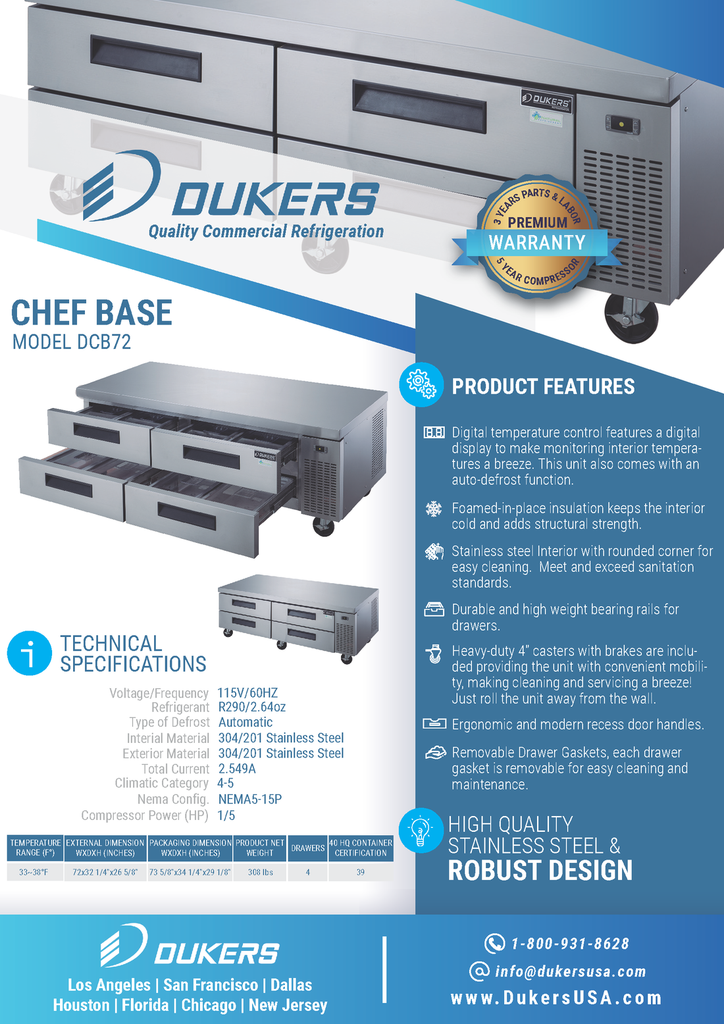 Dukers DCB72-D4 Chef Base Refrigerator with 4 Drawers