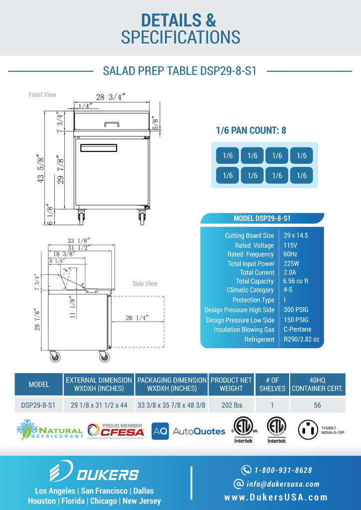 Dukers DSP29-8-S1 1-Door Commercial Food Prep Table Refrigerator in Stainless Steel