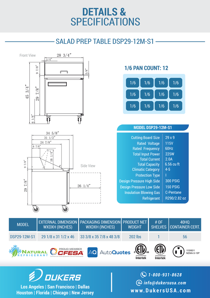 Dukers DSP29-12M-S1 1-Door Commercial Food Prep Table Refrigerator in Stainless Steel with Mega Top