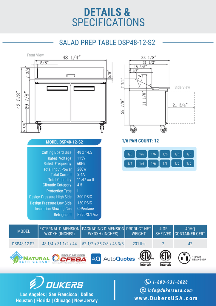 Dukers DSP48-12-S2 2-Door Commercial Food Prep Table Refrigerator in Stainless Steel