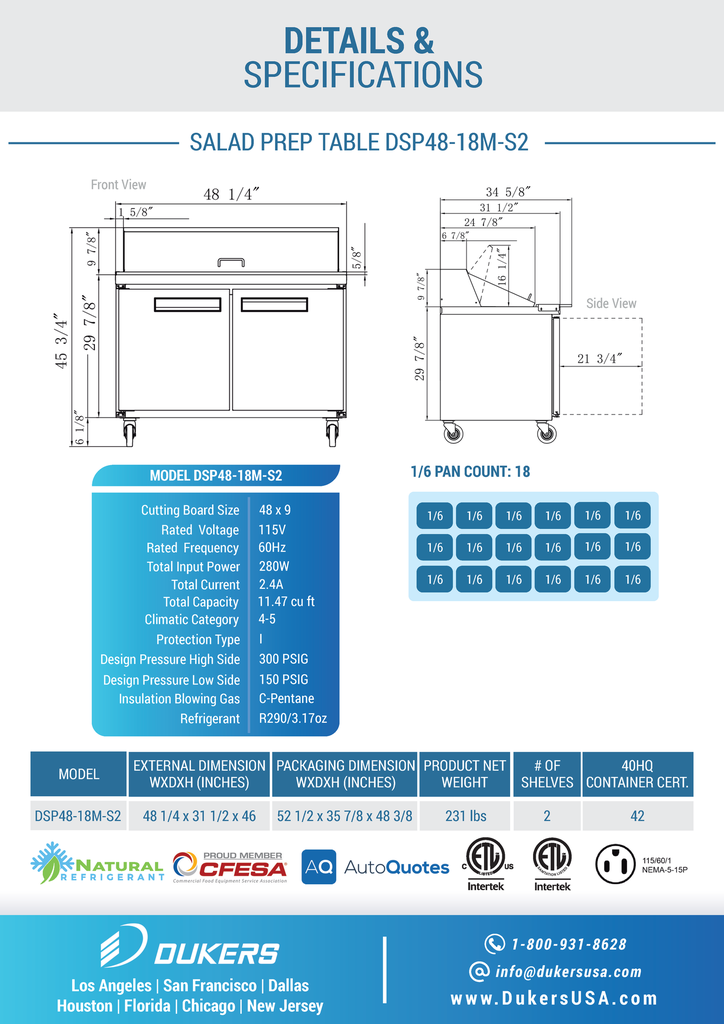 Dukers DSP48-18M-S2 2-Door Commercial Food Prep Table Refrigerator in Stainless Steel with Mega Top