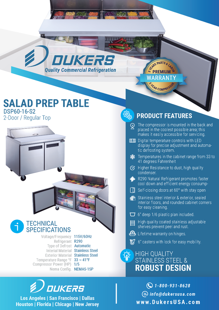 Dukers DSP60-16-S2 2-Door Commercial Food Prep Table Refrigerator in Stainless Steel