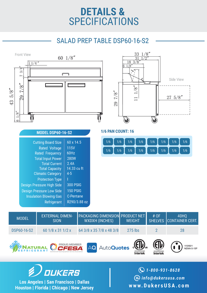 Dukers DSP60-16-S2 2-Door Commercial Food Prep Table Refrigerator in Stainless Steel