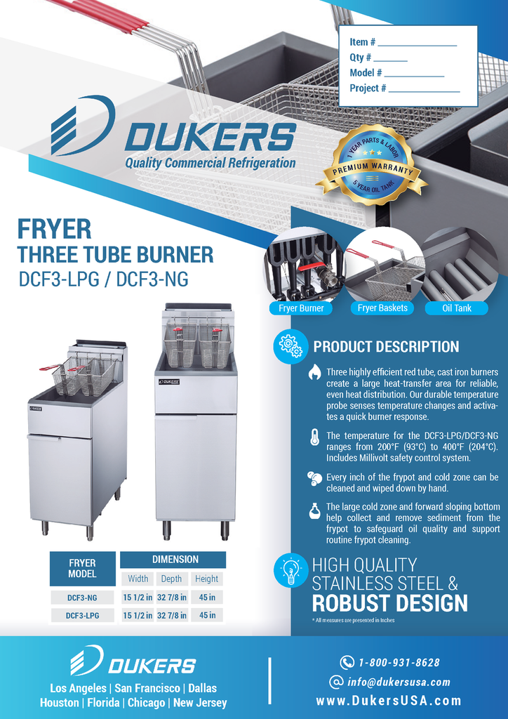 Dukers - DCF3-LPG, Commercial 40Lbs Deep Fryer with 3 Tube Burners Liquid Propane Gas BTU90000
