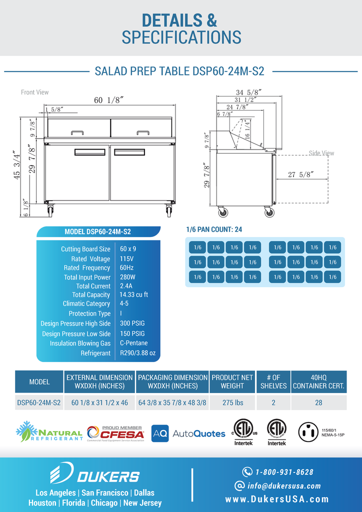 Dukers DSP60-24M-S2 2-Door Commercial Food Prep Table Refrigerator in Stainless Steel with Mega Top