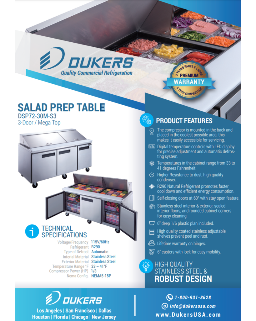 Dukers DSP72-30M-S3 3-Door Commercial Food Prep Table Refrigerator in Stainless Steel with Mega Top