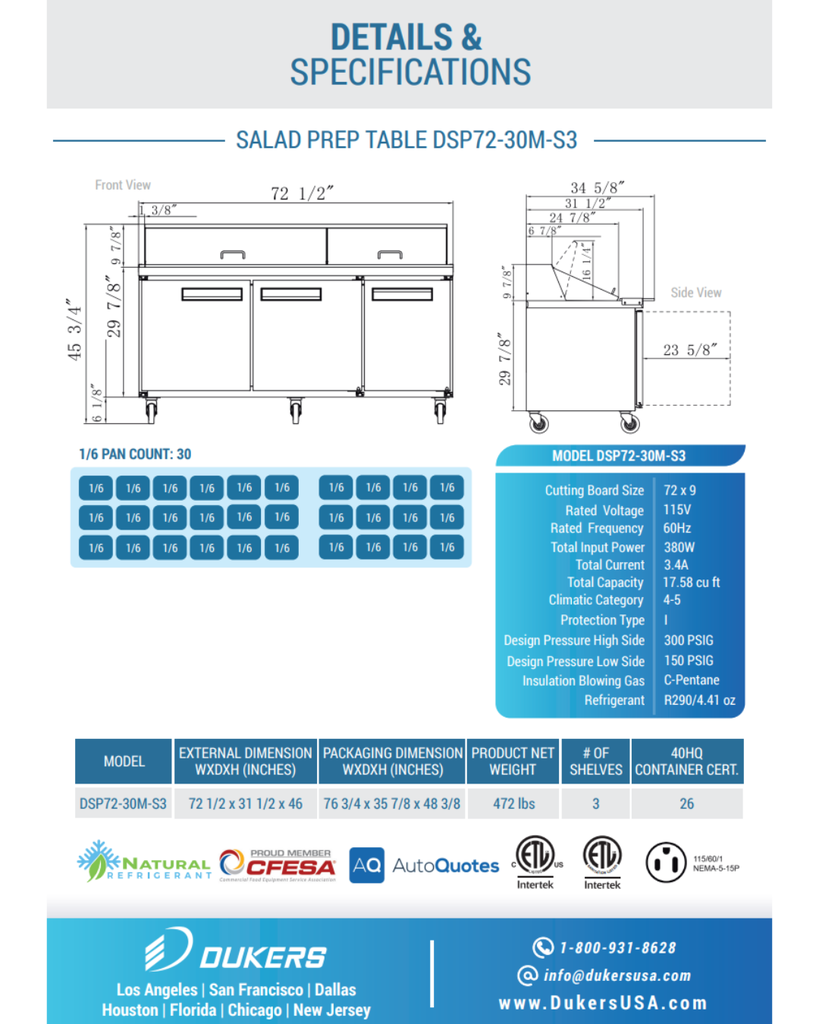 Dukers DSP72-30M-S3 3-Door Commercial Food Prep Table Refrigerator in Stainless Steel with Mega Top