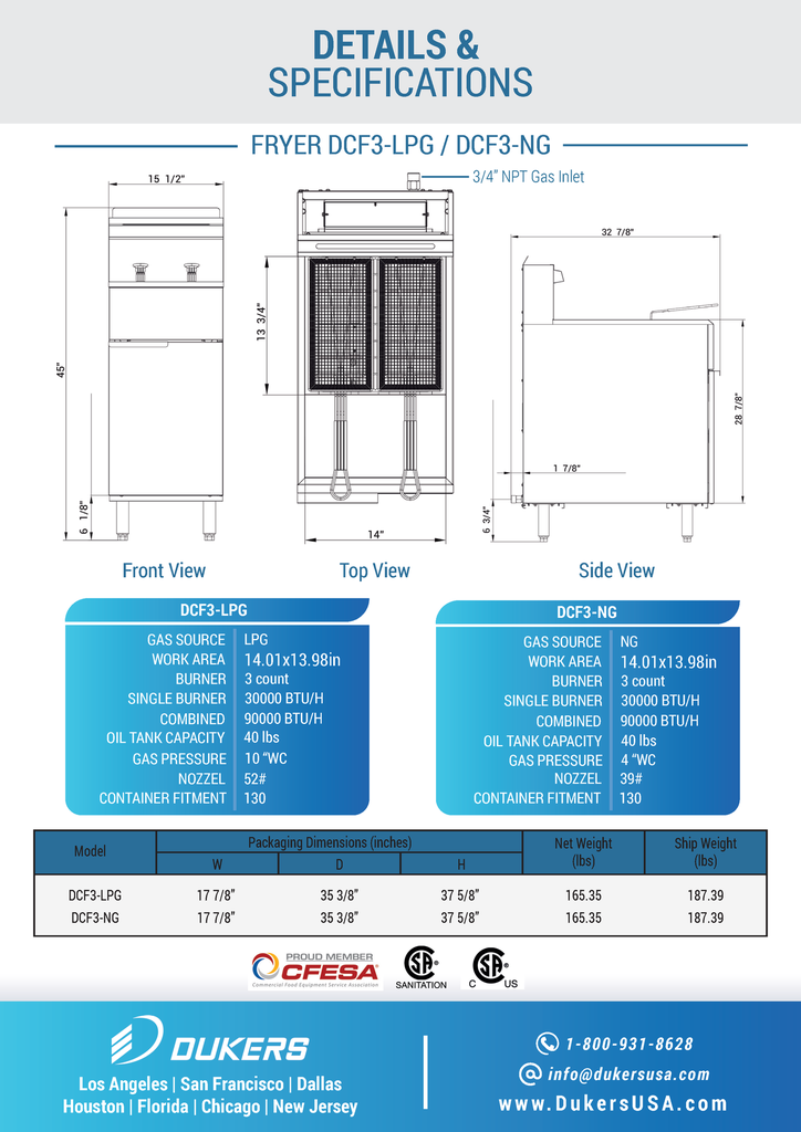Dukers - DCF3-LPG, Commercial 40Lbs Deep Fryer with 3 Tube Burners Liquid Propane Gas BTU90000