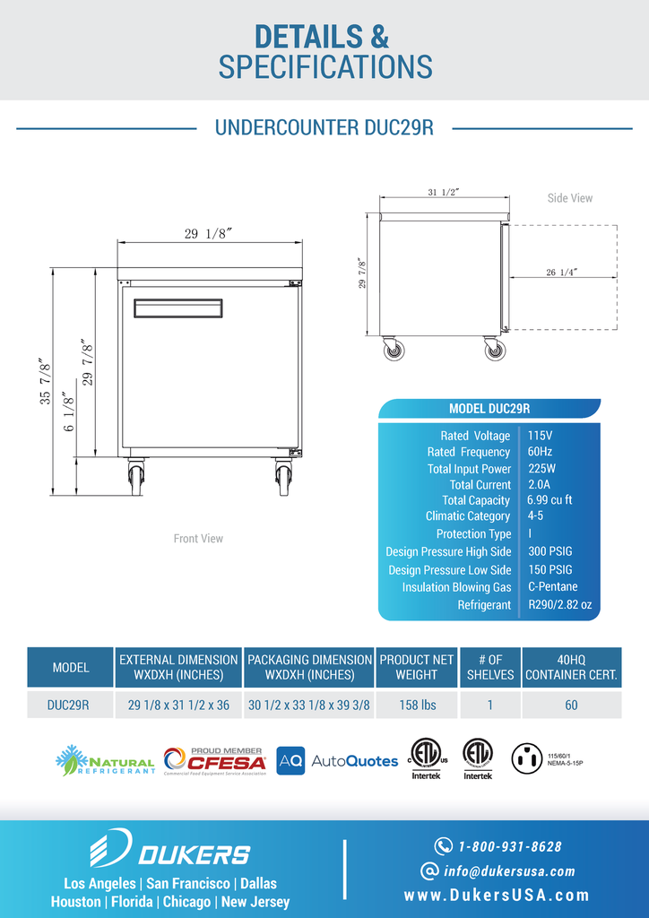 Dukers DUC29R Single Door Undercounter Refrigerator in Stainless Steel