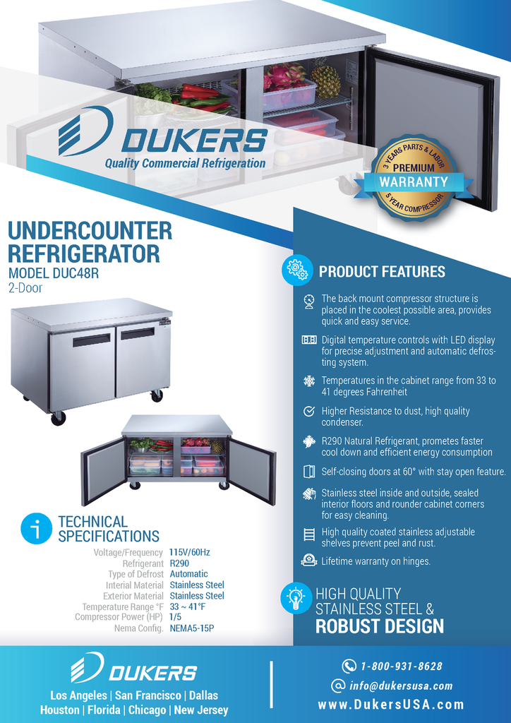 Dukers DUC48R 2-Door Undercounter Refrigerator in Stainless Steel