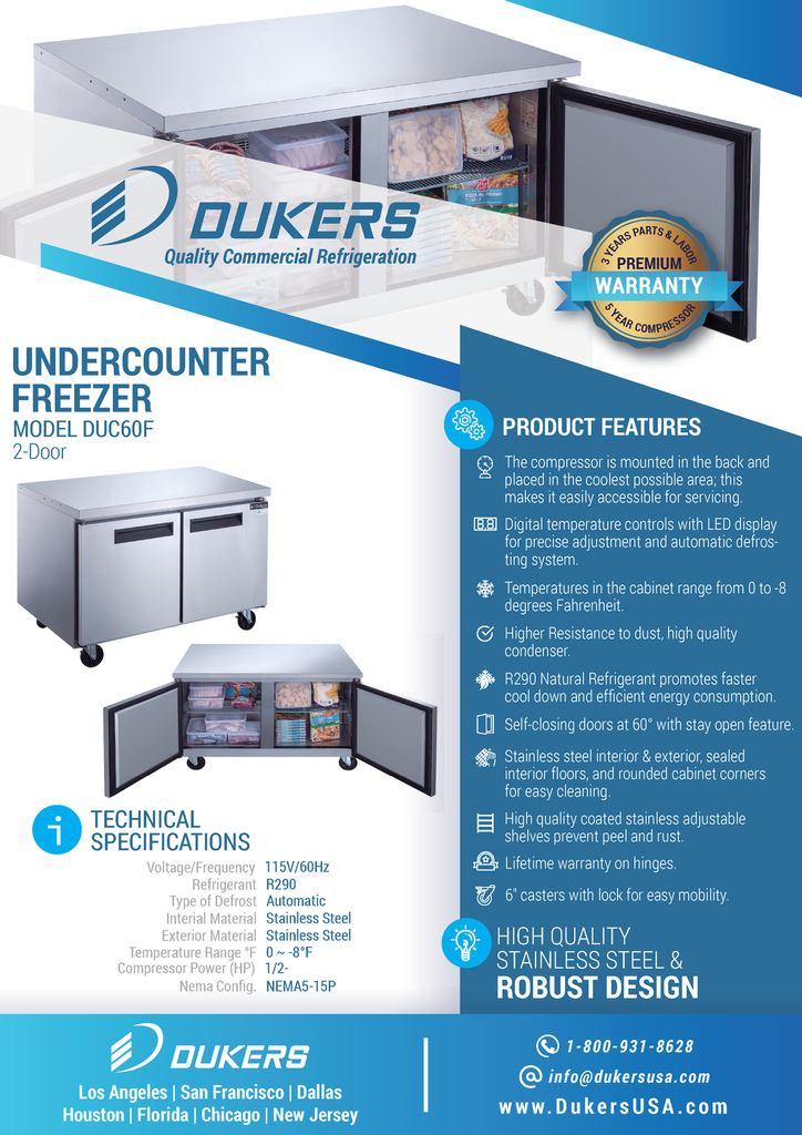 Dukers DUC60F 2-Door Undercounter Commercial Freezer in Stainless Steel