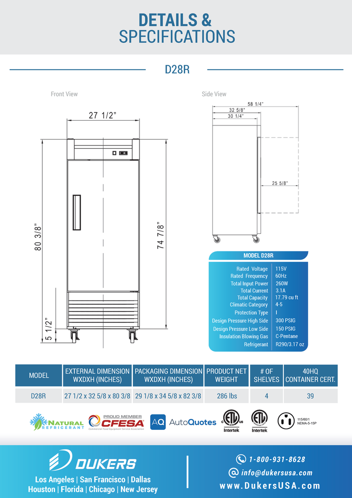 Dukers D28R Single Door Commercial Refrigerator in Stainless Steel