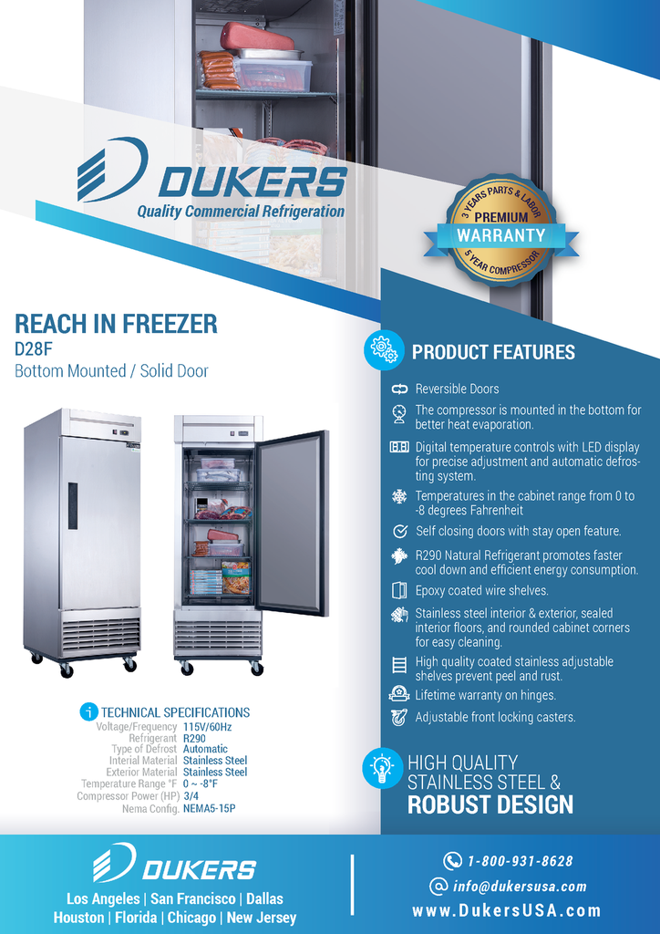 Dukers D28F Single Door Commercial Freezer in Stainless Steel