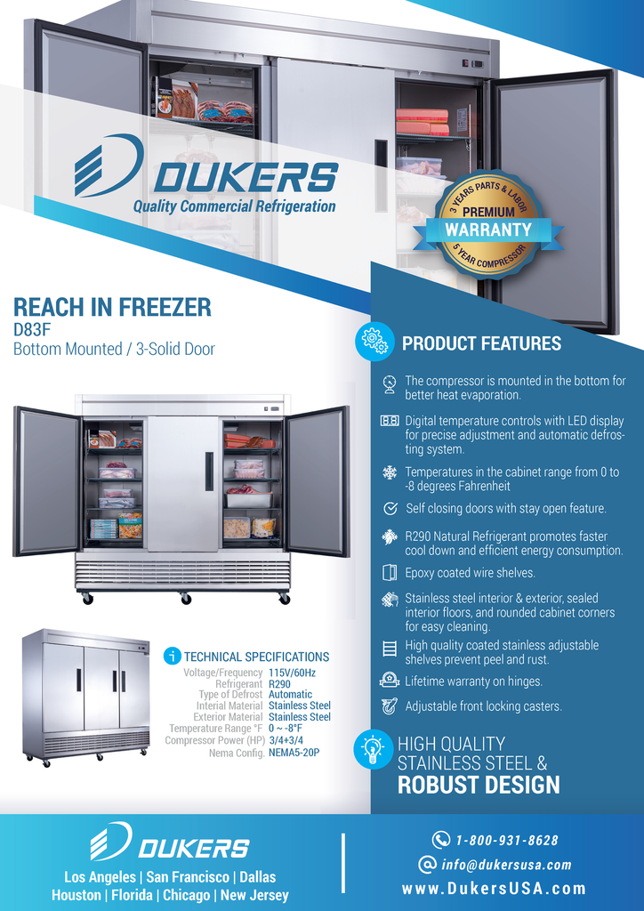 Dukers D83F 3-Door Commercial Freezer in Stainless Steel