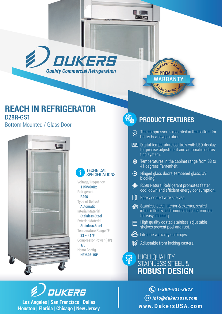 Dukers D28R-GS1 Bottom Mount Glass Single Door Commercial Reach-in Refrigerator