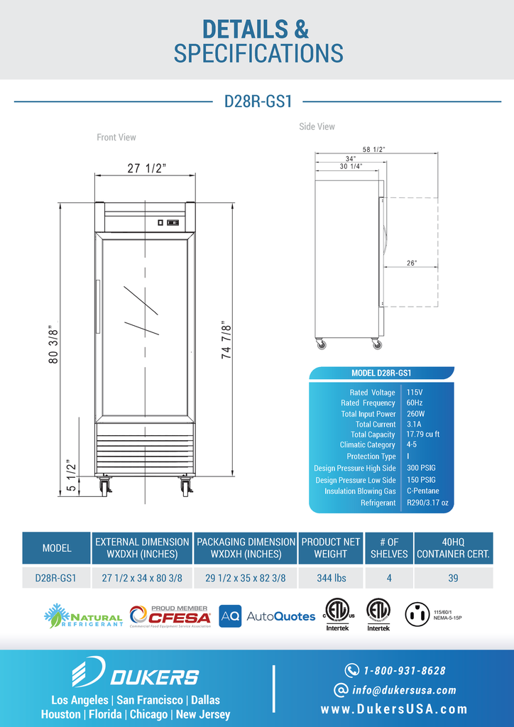 Dukers D28R-GS1 Bottom Mount Glass Single Door Commercial Reach-in Refrigerator