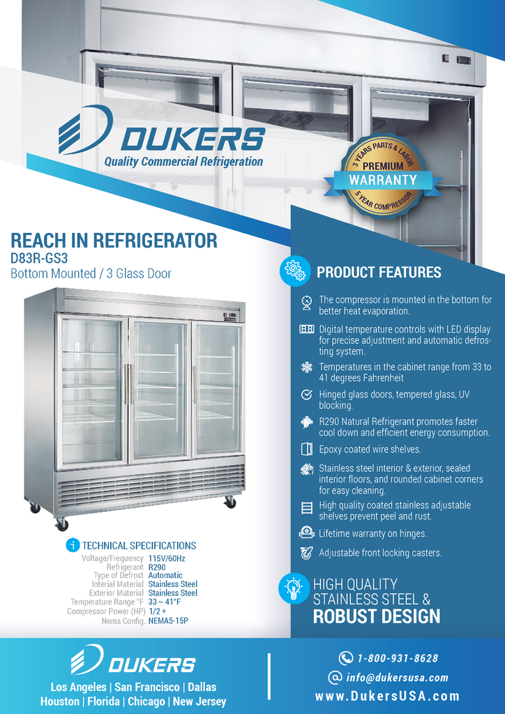 Dukers D83R-GS3 Bottom Mount Glass 3-Door Commercial Reach-in Refrigerator