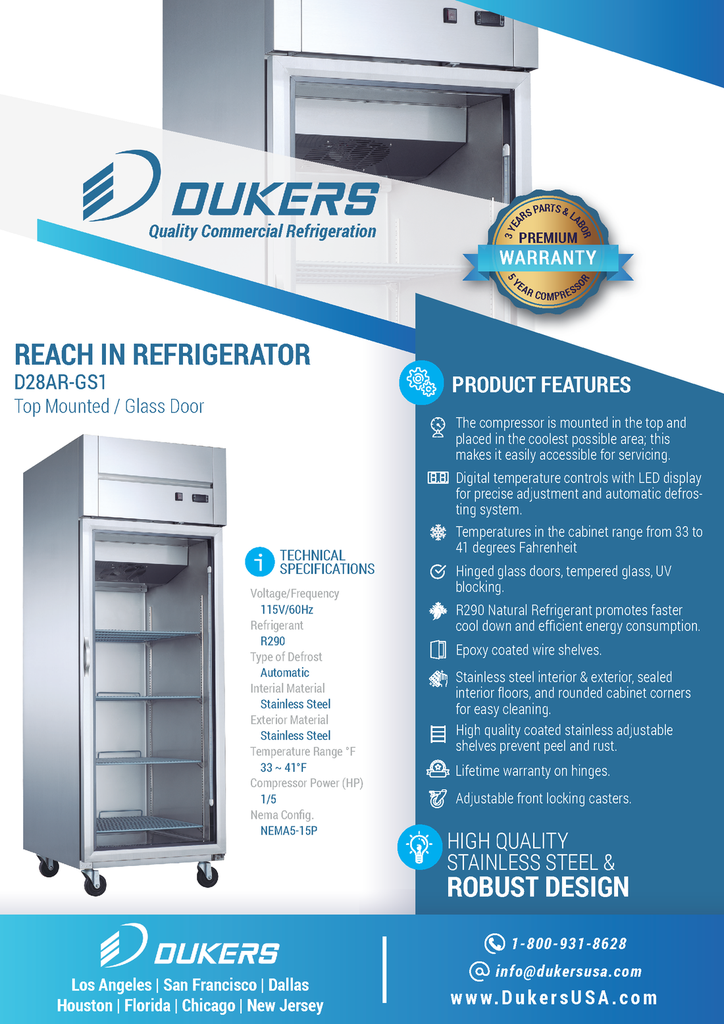 Dukers D28AR-GS1 Top Mount Single Glass Door Commercial Reach-in Refrigerator