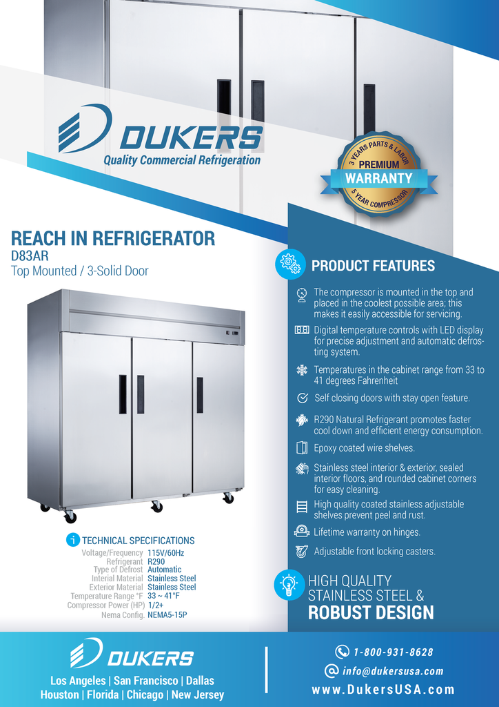 Dukers D83AR Commercial 3-Door Top Mount Refrigerator in Stainless Steel