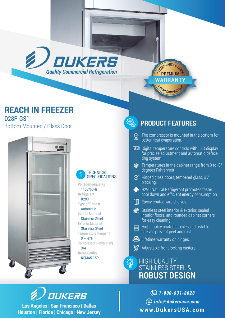 Dukers D28F-GS1 Bottom Mount Glass Single Door Commercial Reach-in Freezer