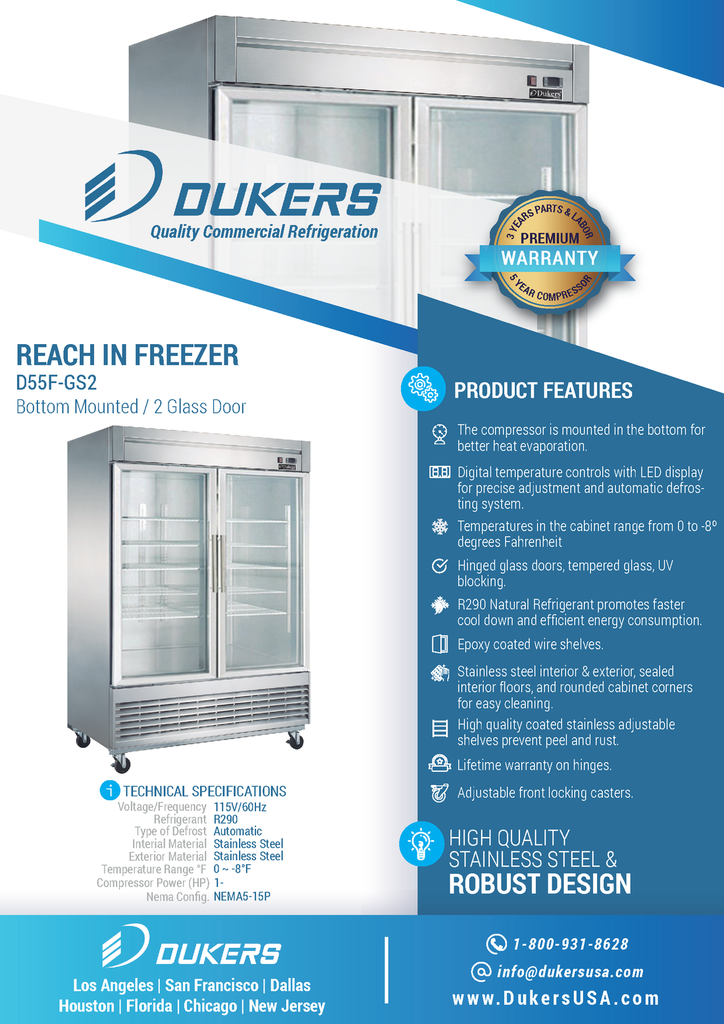 Dukers D55F-GS2 Bottom Mount Glass 2-Door Commercial Reach-in Freezer