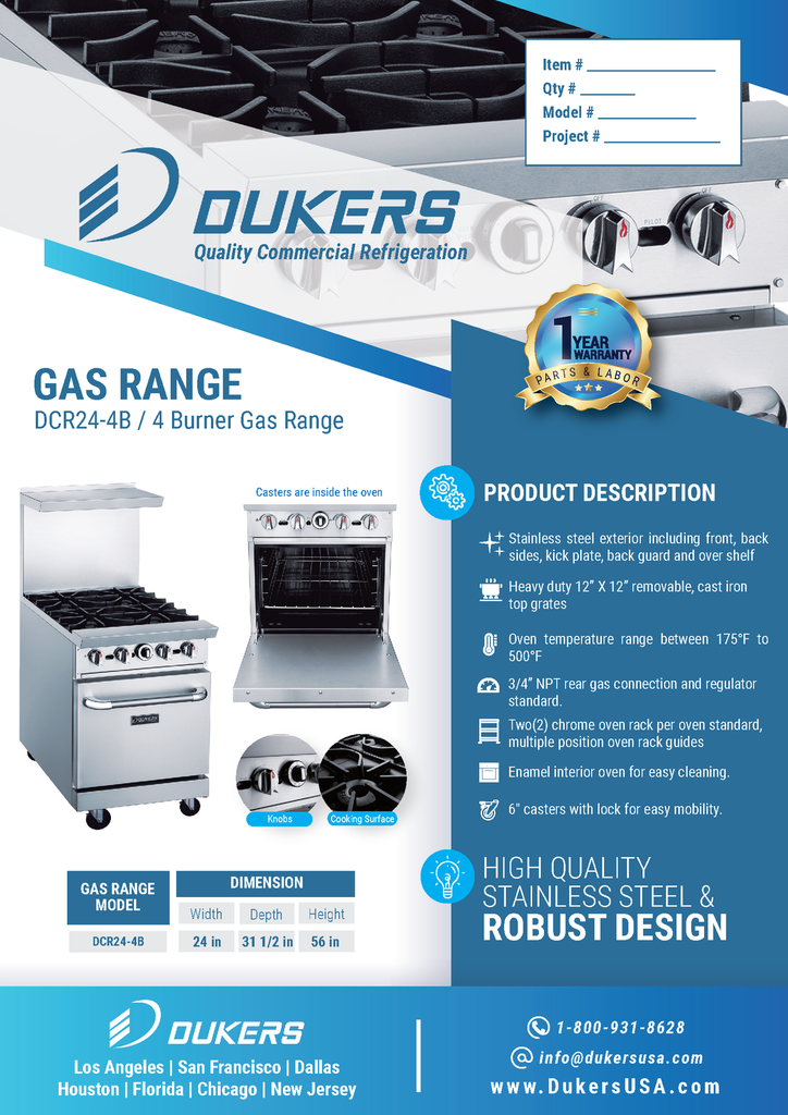 Dukers DCR24-4B 24" Gas Range with Four (4) Open Burners