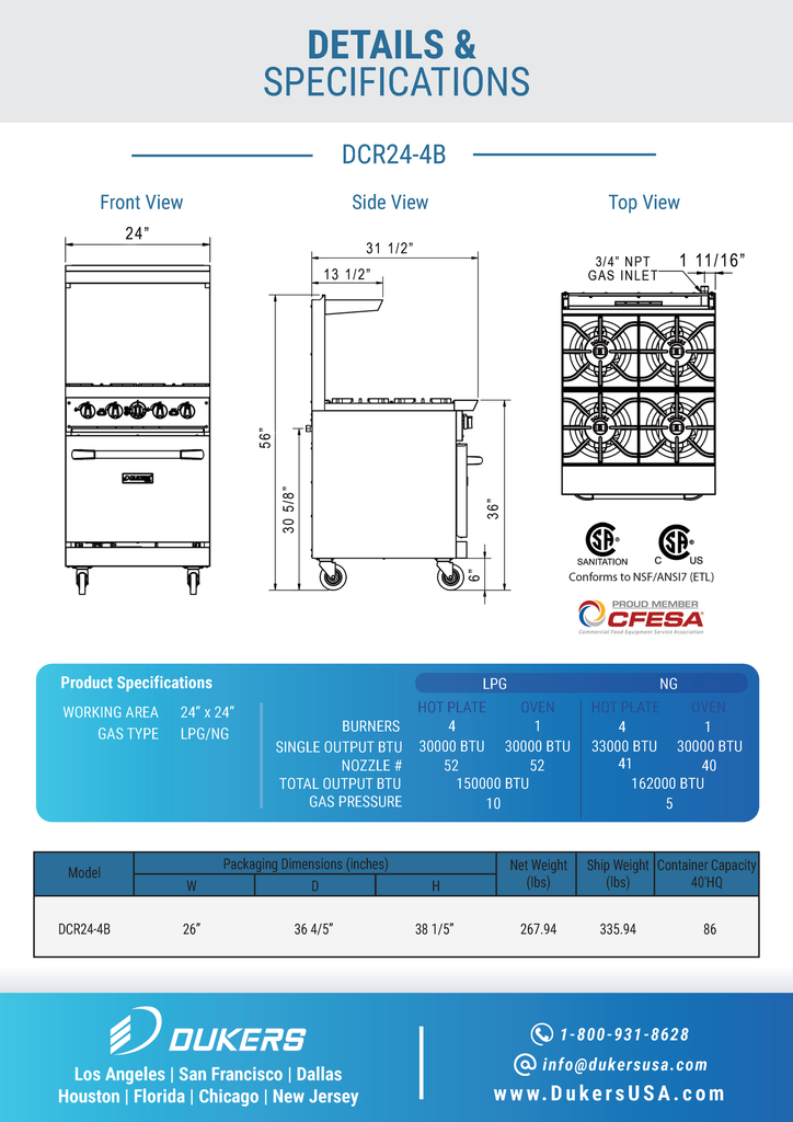 Dukers DCR24-4B 24" Gas Range with Four (4) Open Burners