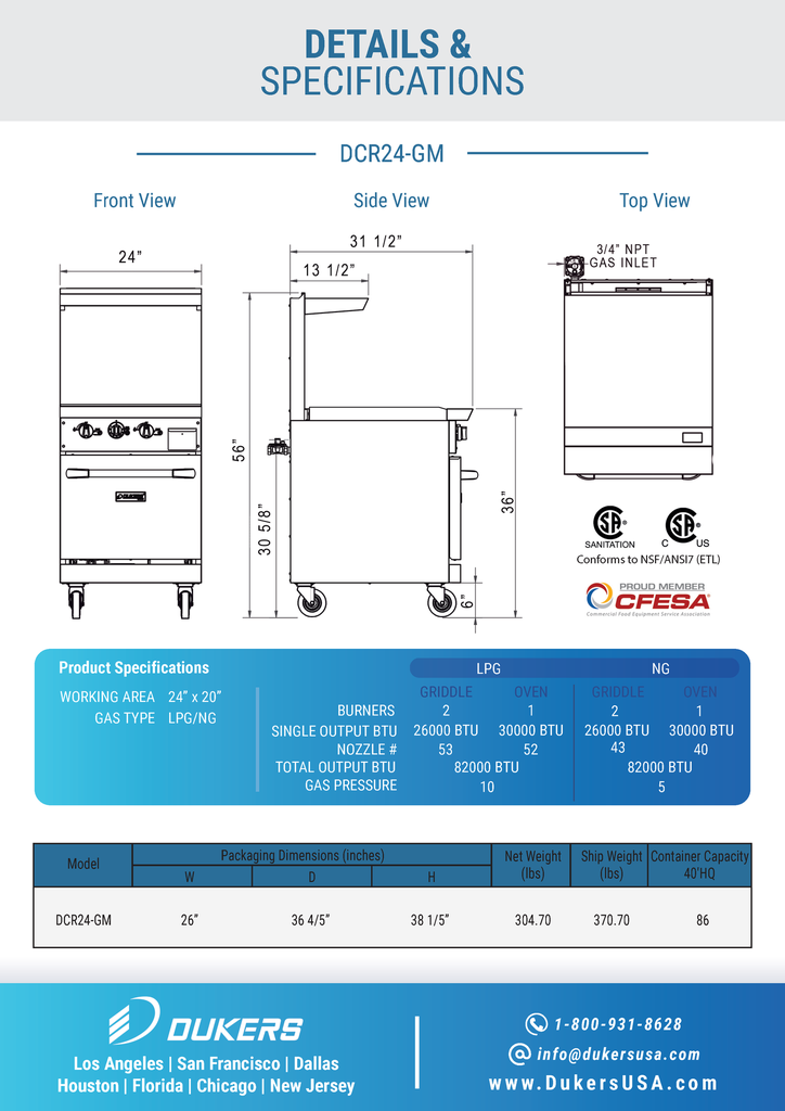 Dukers DCR24-GM 24" Gas Range with 24" Griddle