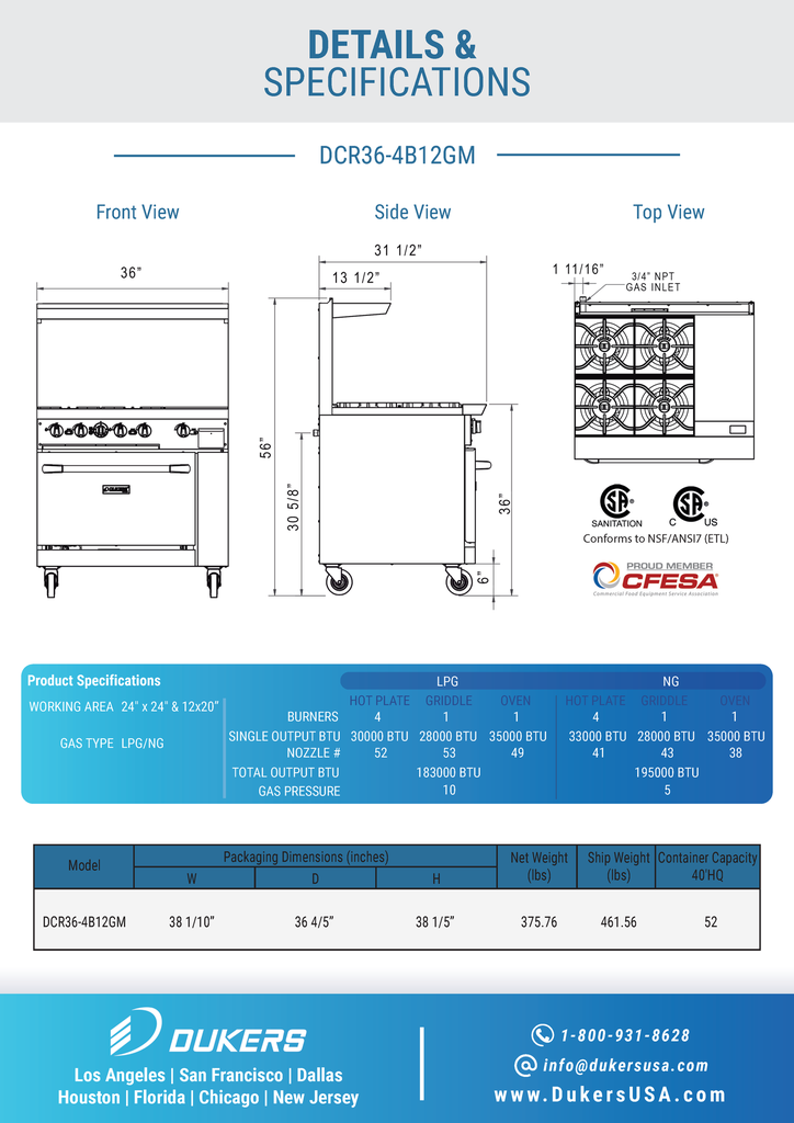 Dukers DCR36-4B12GM 36" Gas Range with Four (4) Open Burners & 12" Griddle