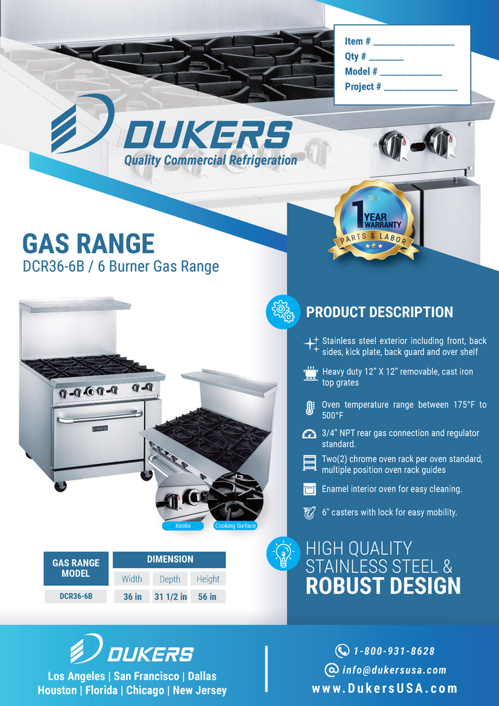 Dukers DCR36-6B 36" Gas Range with Six (6) Open Burners