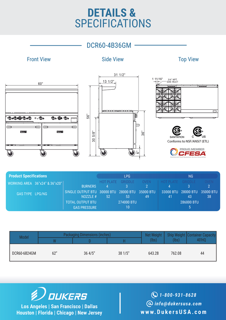 Dukers DCR60-4B36GM 60" Gas Range with Four (4) Open Burners & 36" Griddle