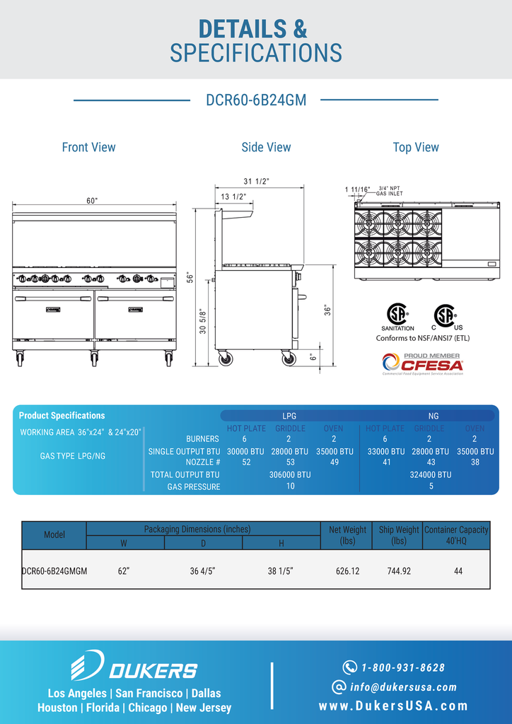 Dukers DCR60-6B24GM 60" Gas Range with Six (6) Open Burners & 24" Griddle