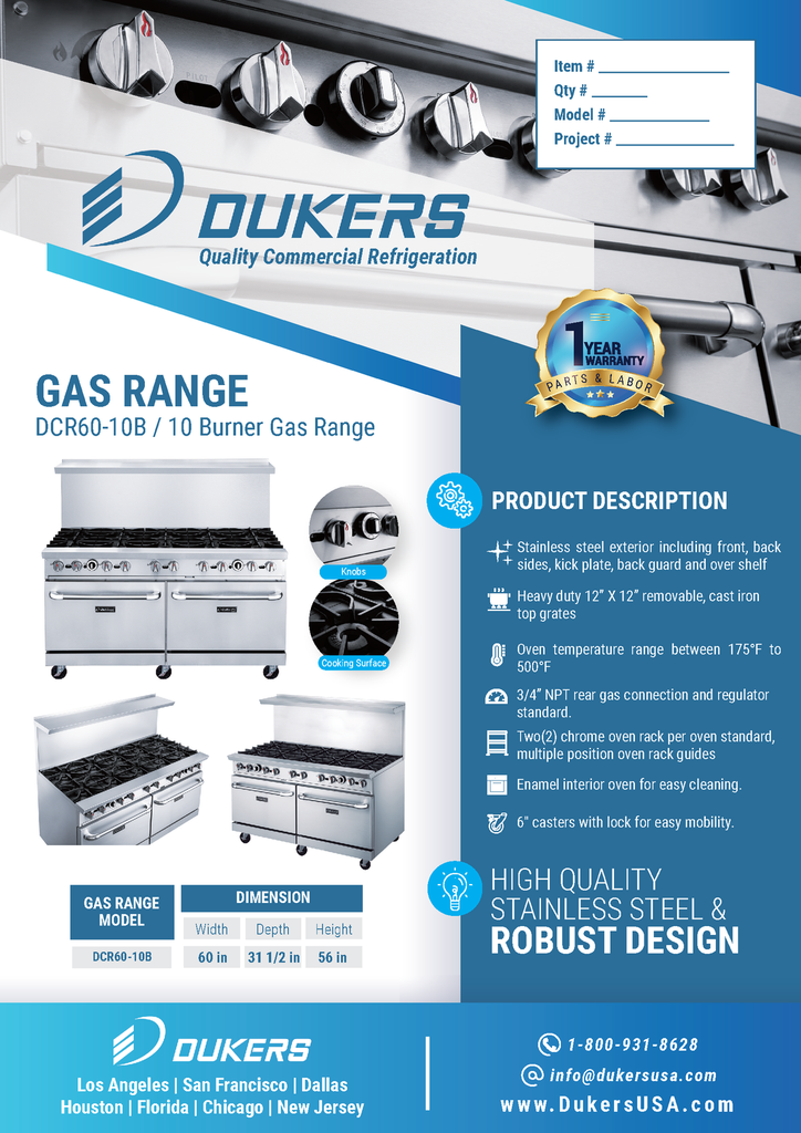 Dukers DCR60-10B 60" Gas Range with Ten (10) Open Burners