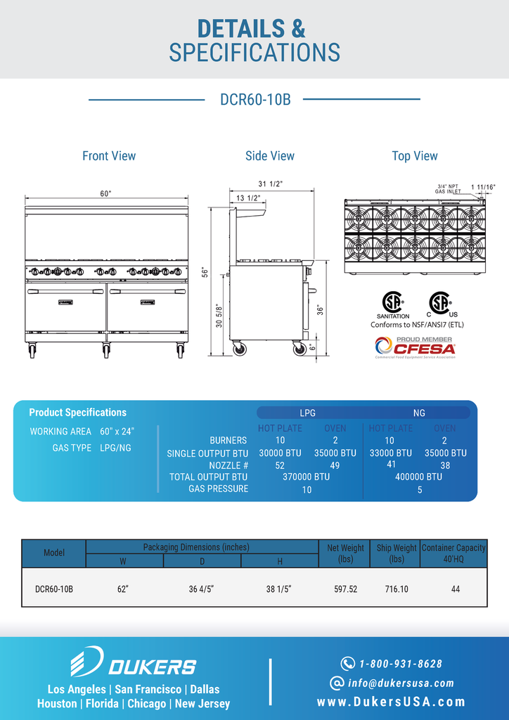 Dukers DCR60-10B 60" Gas Range with Ten (10) Open Burners