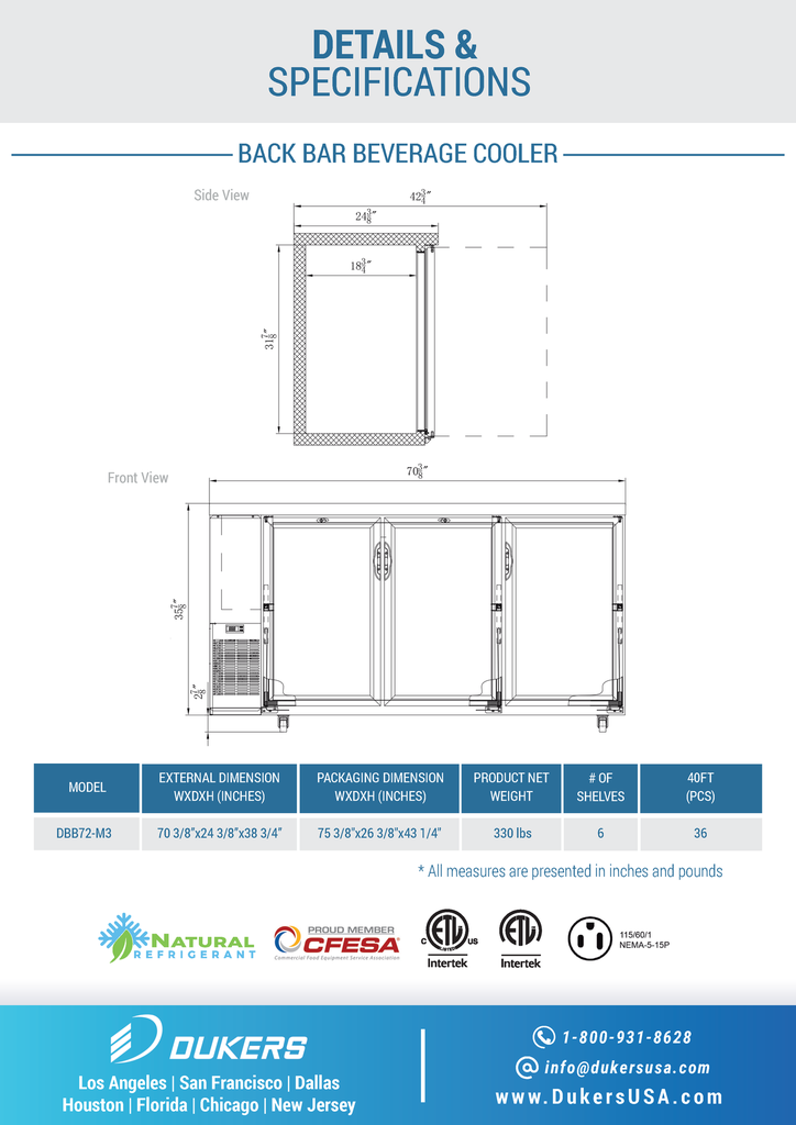 Dukers DBB72-M3 3-Door Bar and Beverage Cooler