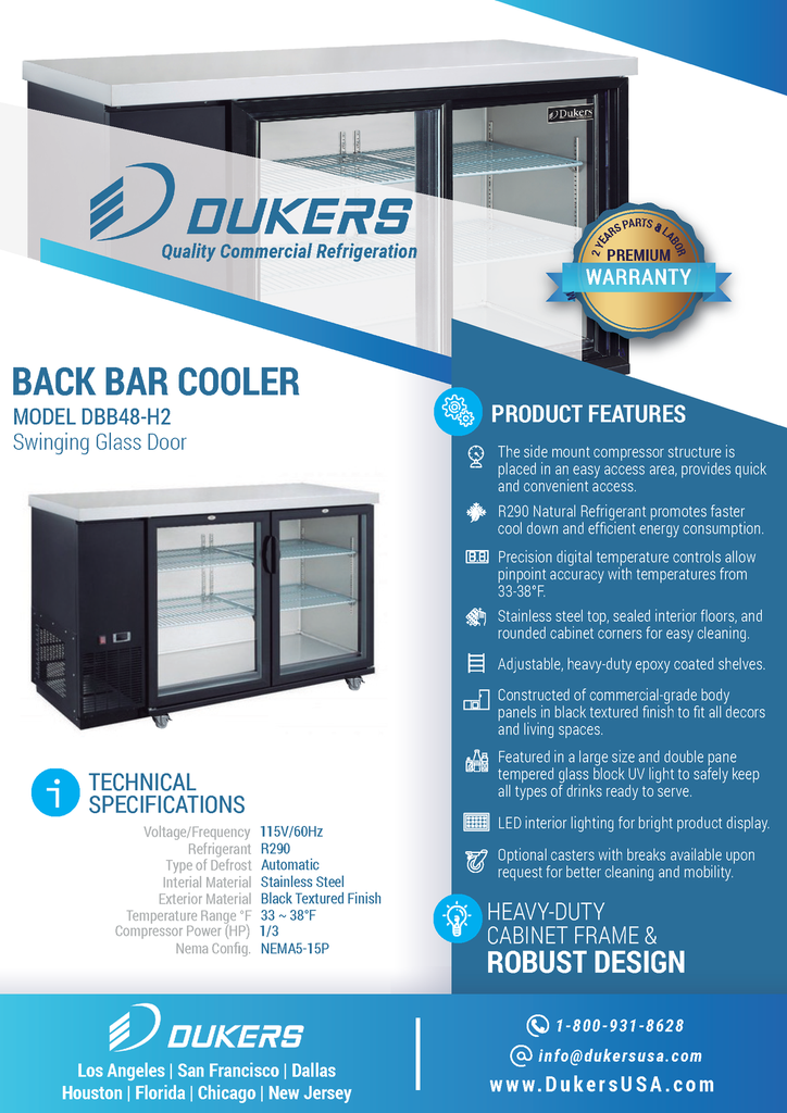 Dukers DBB48-H2 2-Door Bar and Beverage Cooler