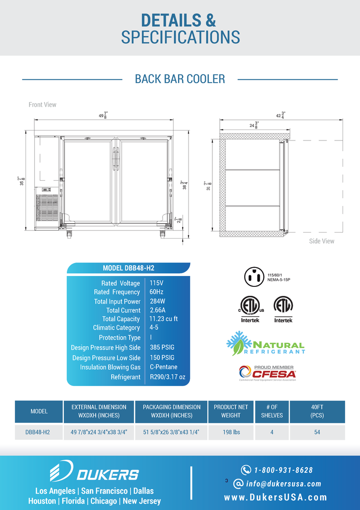 Dukers DBB48-H2 2-Door Bar and Beverage Cooler
