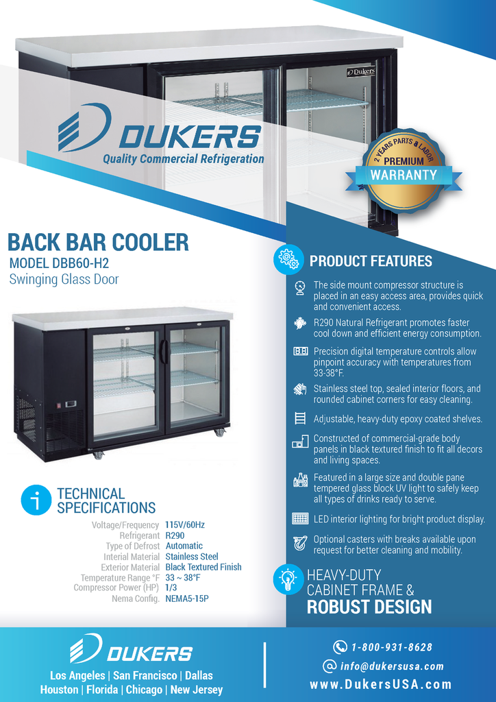 Dukers DBB60-H2 2 Door Bar and Beverage Cooler