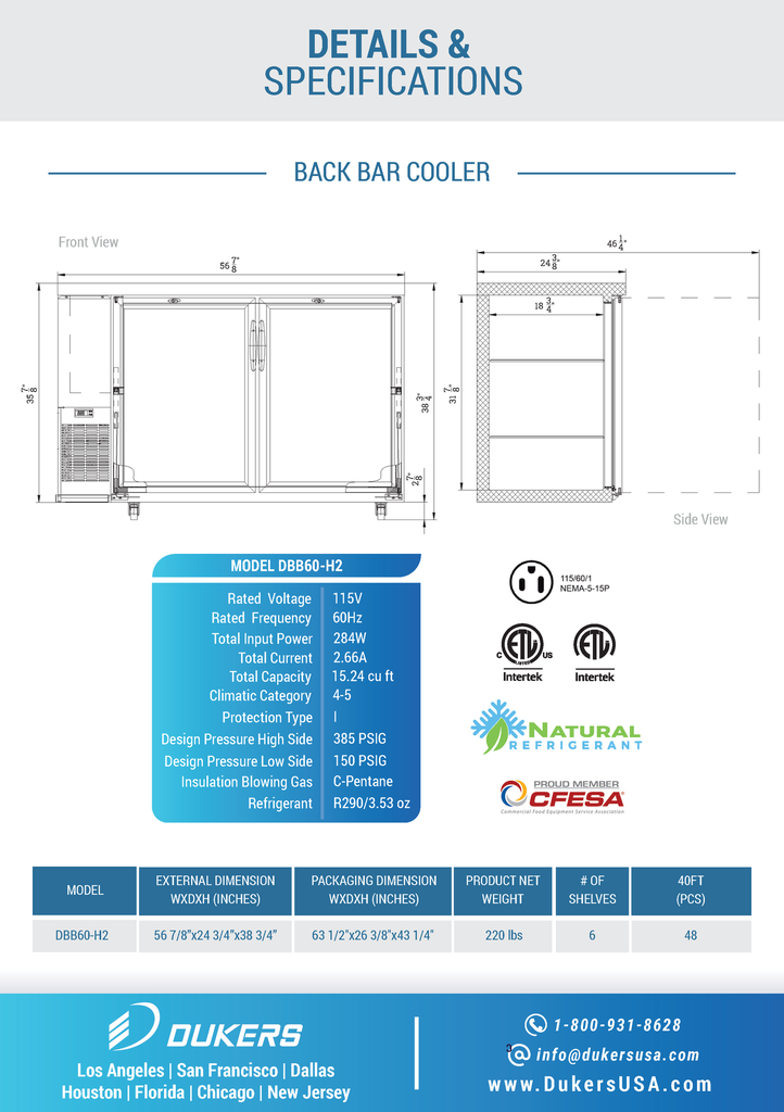 Dukers DBB60-H2 2 Door Bar and Beverage Cooler