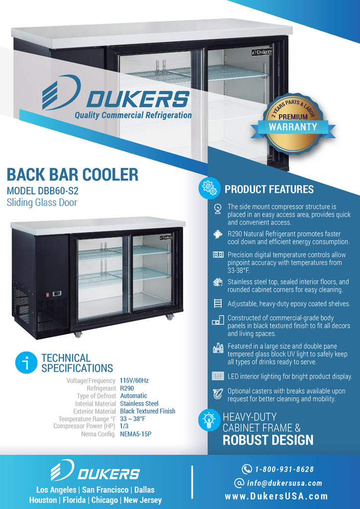 Dukers DBB60-S2 2 Door Bar and Beverage Cooler
