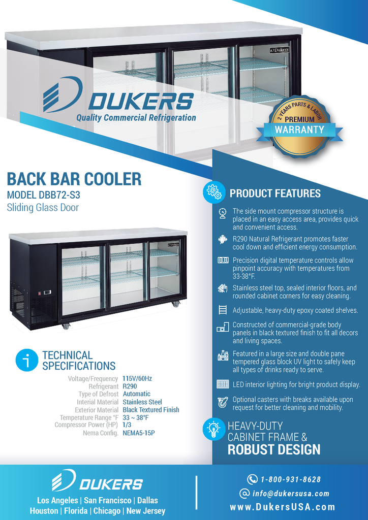 Dukers DBB72-S3 3 Door Bar and Beverage Cooler