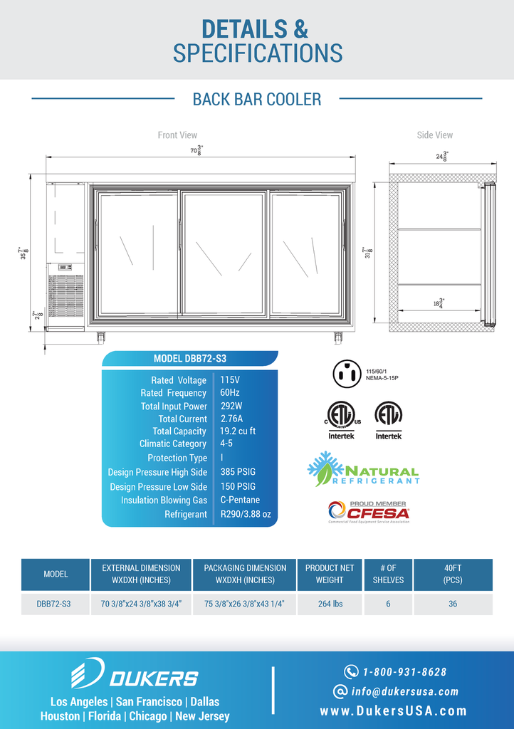 Dukers DBB72-S3 3 Door Bar and Beverage Cooler