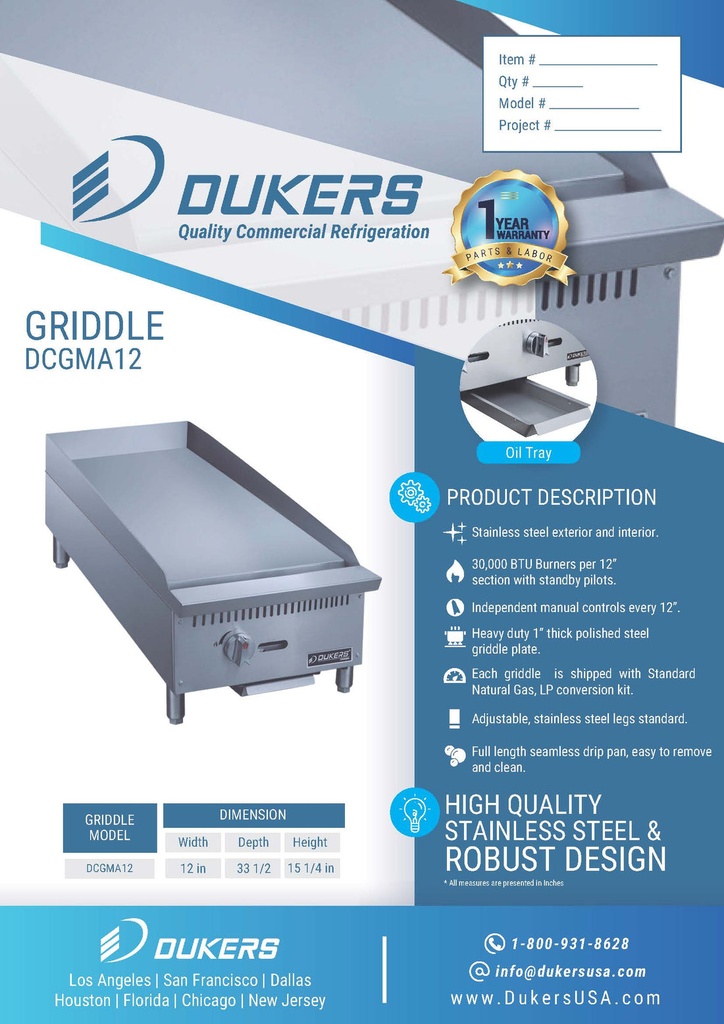 Dukers DCGMA12 12 in. W Griddle with 1 Burners