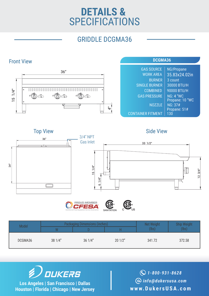 Dukers DCGMA36 36 in. W Griddle with 3 Burners