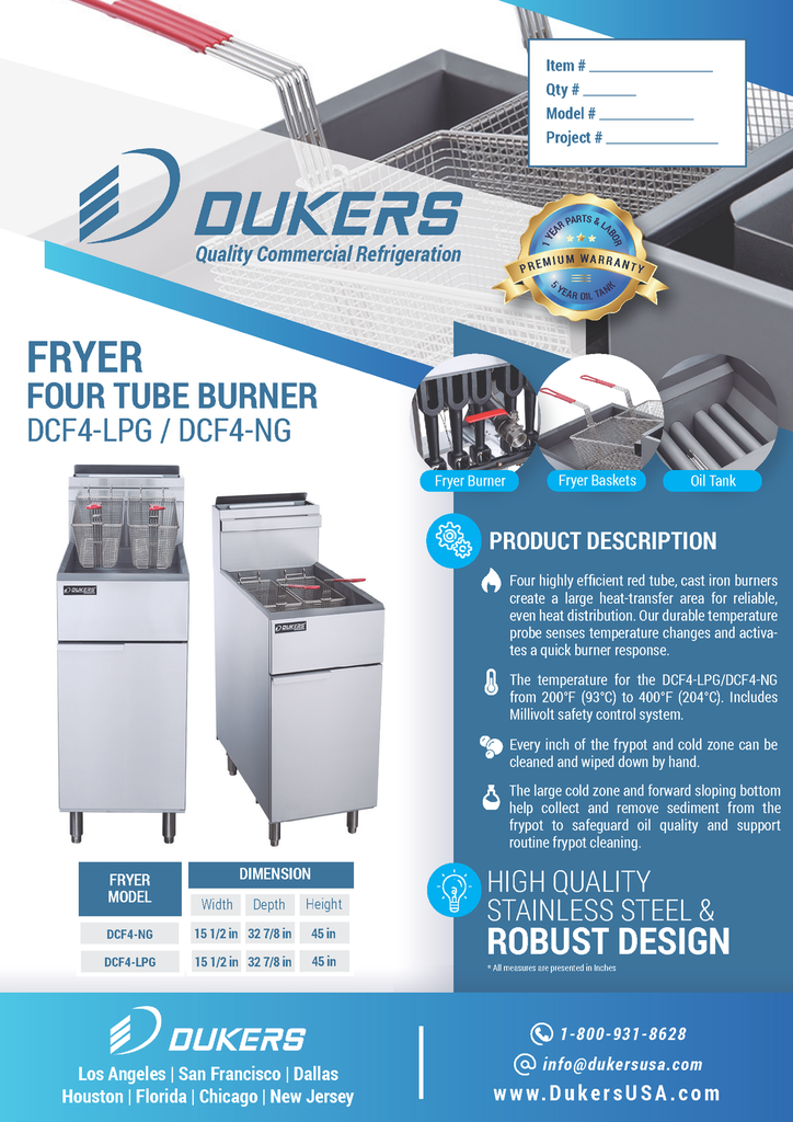Dukers - DCF3-LPG, Commercial 40Lbs Deep Fryer with 3 Tube Burners Liquid Propane Gas BTU90000