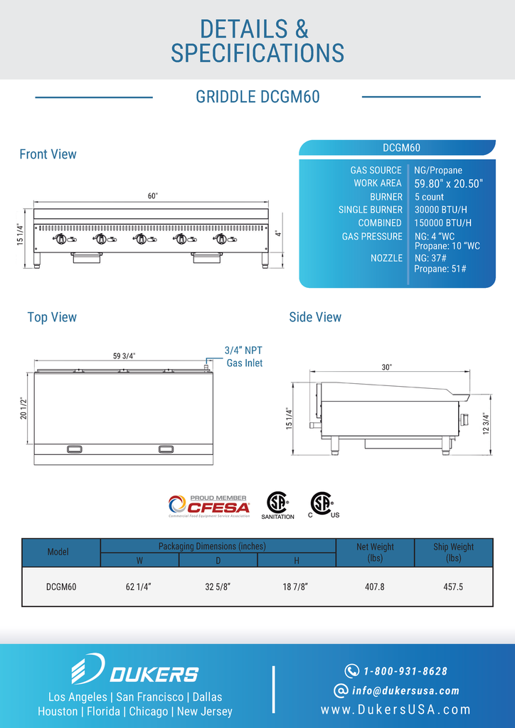 Dukers DCGM60 60 in. W Griddle with 5 Burners