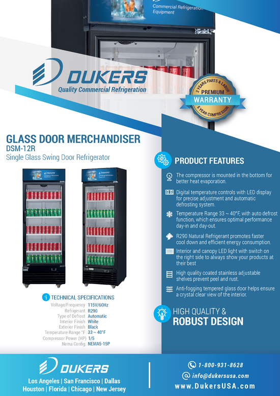 Dukers DSM-12R Commercial Single Glass Swing Door Merchandiser Refrigerator