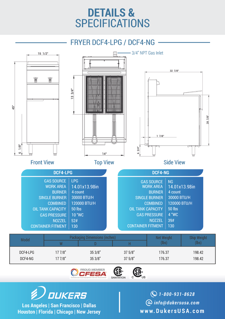 Dukers - DCF3-LPG, Commercial 40Lbs Deep Fryer with 3 Tube Burners Liquid Propane Gas BTU90000