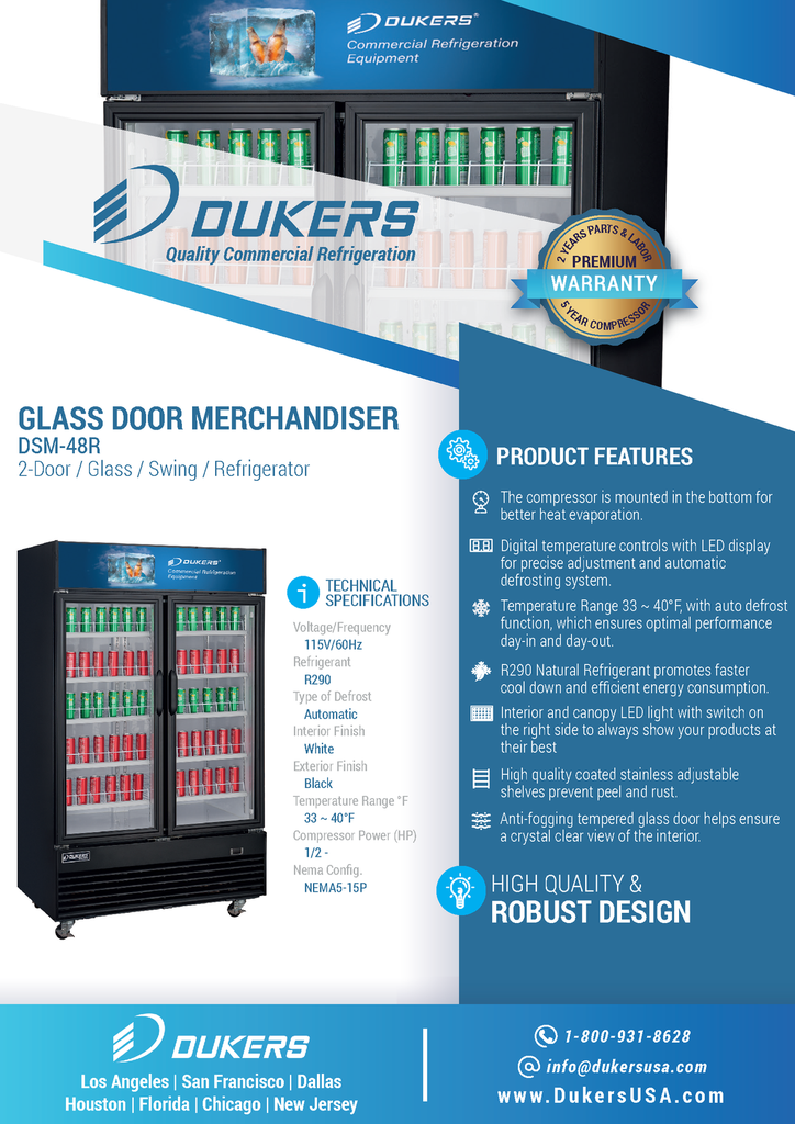 Dukers DSM-48R Commercial Glass Swing 2-Door Merchandiser Refrigerator in Black