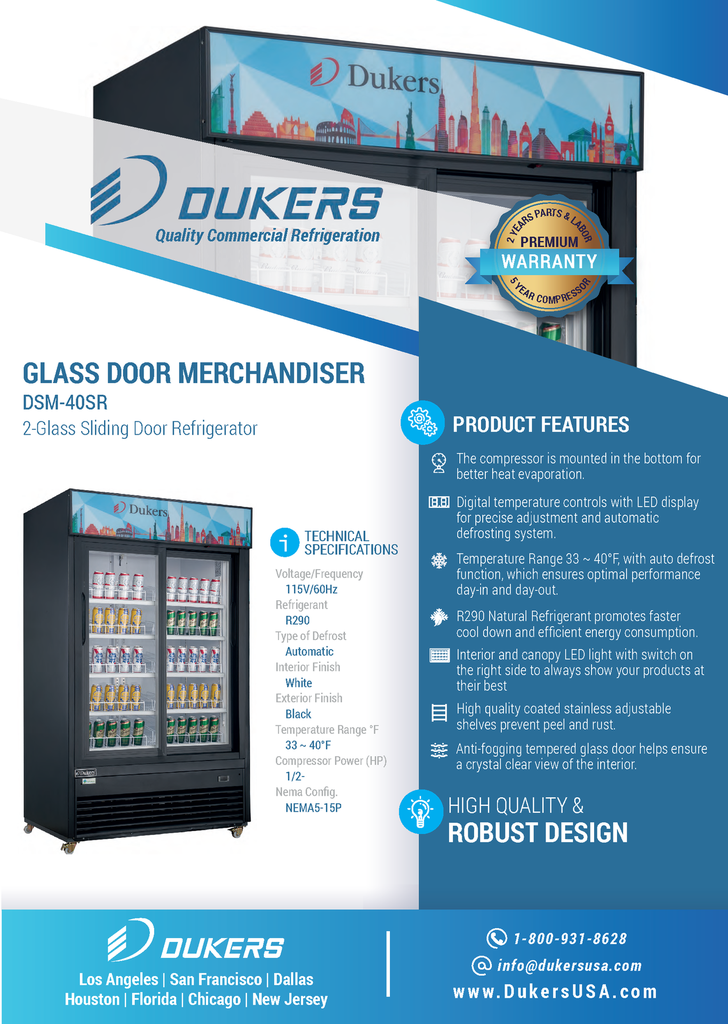 Dukers DSM-40SR Commercial Glass Sliding 2-Door Merchandiser Refrigerator in Black